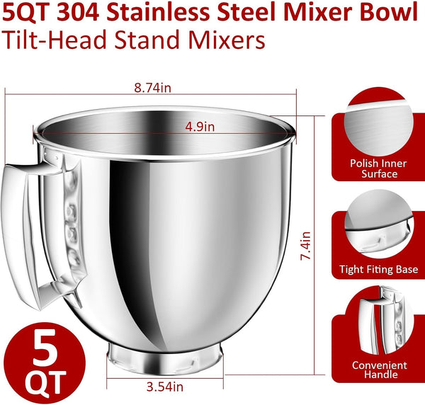 5QT Stainless Steel Mixer Bowl Compatible with Kitchenaid Bowls for Mixer, Artisan&Classic Series 4.5-5QT Tilt-Head Mixers, Kitchen Gadgets Mixer Bowl with Handle,Metal Bowl for Kitchen Mixing Bowl6