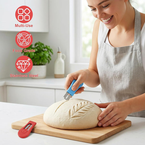 2 Pack Bread Lame Dough Scoring Tool Set, Professional Sourdough Scoring Tool & Bread Scorer with 10 Razor Blades, Finger Protectors Bread Razor for Artisan Baking Red/Blue5