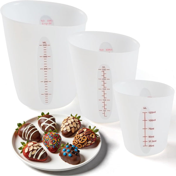 Food-Grade Silicone Measuring Cups for Melting Chocolate, 3Pcs BPA Free Silicone Baking Measuring Cups with 1/2Cup/1Cup/2Cup Capacity, Reusable Silicone Cups for DIY Chocolate Mold1