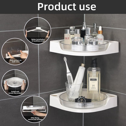 Corner Shower 2 Tier Caddy Lazy Susan Organizer 360 Rotating Corner Shelf Wall Mounted with No Drilling Shelves for Bathroom Dorm and Kitchen (White)2