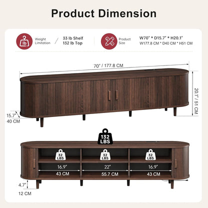 70" Mid Century Modern TV Stand, Wood TV Consoles with Sliding Doors and Power Outlet, Entertainment Center with Adjustable Shelves, Fluted TV Stands for Living Room, Walnut2