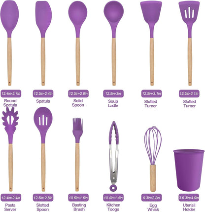 Kitchen Utensils Set 12 Pieces Nonstick Silicone Cooking Utensils Wood Handle Silicone Cooking Utensils Set with Holder Dishwasher Safe BPA Free (Purple)2