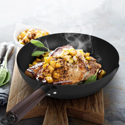 Hand Hammered Carbon Steel Wok, Wooden Lid Asian Spatula with Handle - Stir Fry Pan for Chinese, Japanese, and Cantonese Cuisine – Flat Bottom Wok Cooking by Cookeries / 2 Accessories7