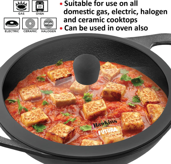 Futura 2 Litre Cast Iron Kadhai, Naturally Nonstick Cast Iron Kadai with Glass Lid, Cast Iron Cookware for Kitchen, Black (CIK20G)8