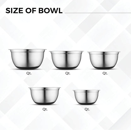 Premium Stainless Steel Mixing Bowls with Lids Non-Slip, Set of 5 Mixing Bowl Set with Silicone Base, Space Saving, Great for Cooking, Baking, Prepping (0.25Qt, 1Qt, 1.5Qt, 3Qt, 5Qt)4