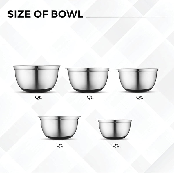Premium Stainless Steel Mixing Bowls with Lids Non-Slip, Set of 5 Mixing Bowl Set with Silicone Base, Space Saving, Great for Cooking, Baking, Prepping (0.25Qt, 1Qt, 1.5Qt, 3Qt, 5Qt)4