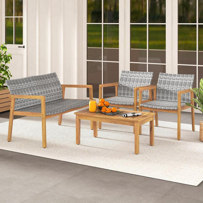 4 Pieces Outdoor Furniture Set, Acacia Wood Frame Sofa Set W/Rattan Seat & Back, Patio Conversation Set W/Coffee Table for Balcony, Poolside, Backyard (Mix Gray)2