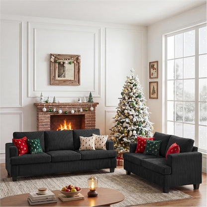Loveseat & 3 Seater Sofa Sets, 89" Couch Sofa Set for Living Room Furniture, 2 Piece Modern Sleeper Sofa with Deep Seat Cloud Couch for Apartment Lounge, Black Corduroy4