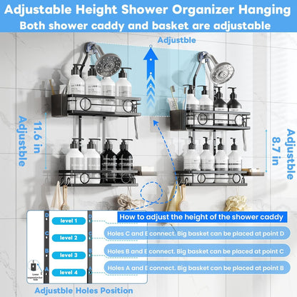Adjustable Shower Caddy Hanging Rustproof Large-Capacity Bathroom Organizer Shower Racks with Hooks for Razor Bathroom Organizers and Storage5