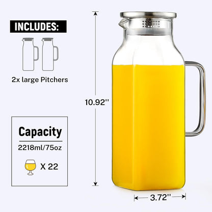 2 Pack 2.22 Liters/75 Oz Square Glass Pitcher with Lid and Handle for Fridge, Iced Tea and Coffee Carafe Beverage Serveware, Heat Resistant Borosilicate Water Jug for Hot/Cold Drinks and Milk2