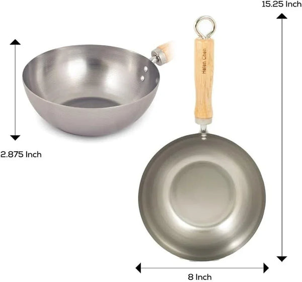 Carbon Steel Mini Wok, 8-Inch, Flat Bottom Chinese Stir Fry Pan with Rubberwood Handle for Single-Serve Stir Fry, Fried Rice, Noodles, and Asian Cooking2