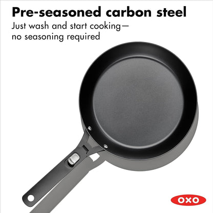 OXO Outdoor Pre-Seasoned Carbon Steel 10" Frying Pan Skillet, Detachable Handle for Easy Storage, Indoor Use, Nonstick with Use, Induction Suitable,Oven & Broiler Safe,Browning, Grill,Sear,Saute,Black4