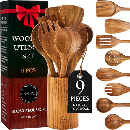 9-Piece Teak Wood Cooking Utensil Set with Holder1