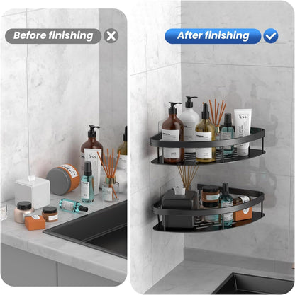 Wall Mounted Shower Organizer - 2 Pack No Drilling Adhesive Corner Shelf, Bathroom Shower Shelves with Hooks, Suction Cup (Black 2LBAT)3