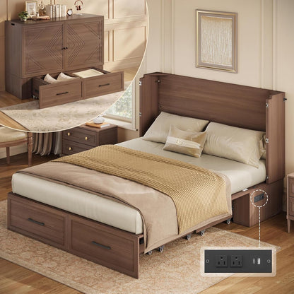 Queen Murphy Bed Cabinet with Storage Drawer & Charging Station1