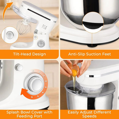 6.5QT Stand Mixer, 700W 6-Speed Tilt-Head Electric Stand Mixer, 3-In-1 Kitchen Mixer with Bowl, Dough Hook, Wire Whisk & Flat Beater, Perfect for Bakery, Cake, Bread and Home Baking6