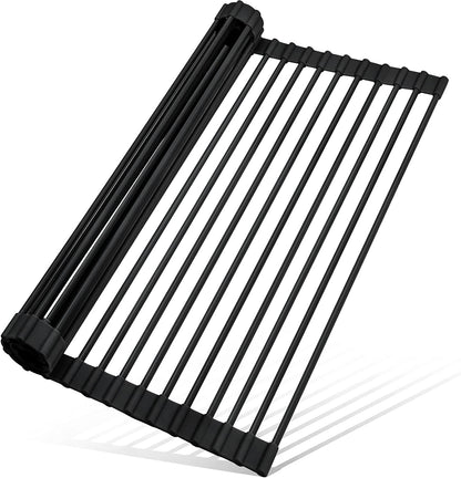Roll up Dish Drying Rack Silicone Wrapped over the Sink Dish Drying Rack Multipurpose Foldable Sink Drying Mat Anti-Slip & Anti-Rust Dish Rack for Kitchen, 17.5" X 13", Black1