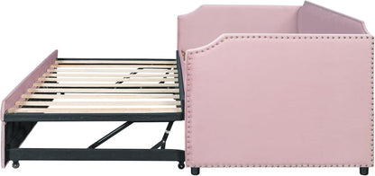 Multifunctional Upholstered Twin to King Daybed with Trundle, Pink5