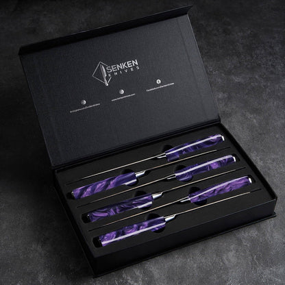 SENKEN 16-Piece Knife Block Set - Japanese High Carbon Stainless Steel with Damascus Pattern, Purple Resin Handles, 6 Steak Knives & Acacia Hardwood Block (Purple)8