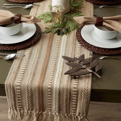 Farmhouse Braided Stripe Table Runner Collection, 15X72 (15X77, Fringe Included), Stone7