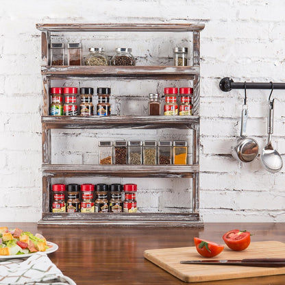 4 Tier Torched Wood Spice Rack Wall Mount Rustic Seasoning Shelf3