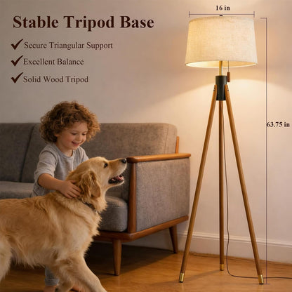 Mid Century Tripod Floor Lamp with Pull Chain,Black & Gold Finish | Two-Tone Solid Wood Design,Linen Tapered Drum Shade,Tall Standing Lamp for Living Room,Bedroom & Reading Corner,Bulb Included4