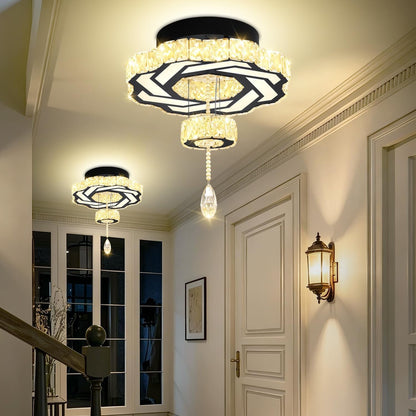 16 Inch Mini Chandelier Modern Crystal Chandeliers Light Semi Flush Mount Ceiling Light Fixture Small Black Chandelier for Bedroom Hallway Kitchen Foyer1