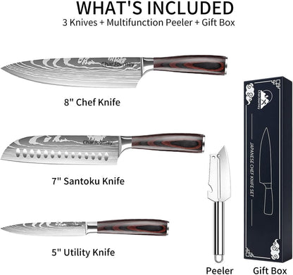 Japanese Knife Set with Peeler, 3-Piece Kitchen Knife Set with 8" Chef Knife, 7" Santoku Knife and 5" Utility Knife, High Carbon Stainless Steel Cooking Knives, Pakka Wood Handle2