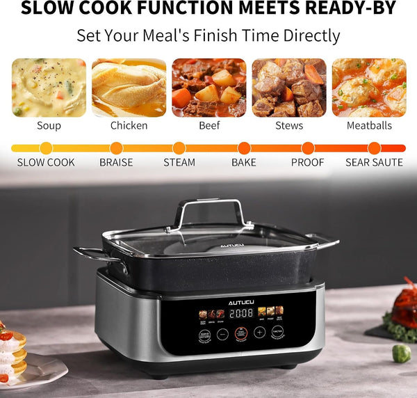 Slow Cooker 7 Quart | Programmable Multi-Cooker Pfoa-Free Ceramic Coating, Steamer, Sear Sauté, Warm Function (Includes Silicone Spoon)5