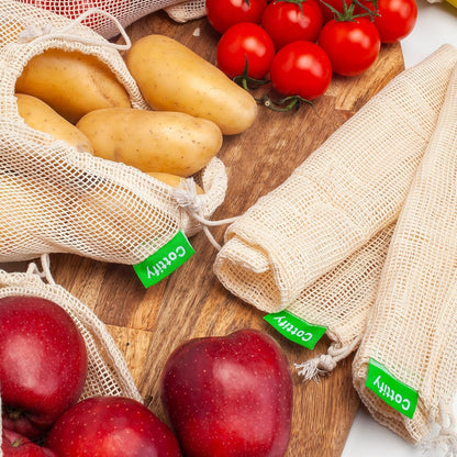 12+1 Reusable Produce Bags Grocery Washable, Organic Cotton Mesh Produce Bags, Double-Stitched & Tare Weigh, Mesh Bags for Vegetables, Cotton Produce Bags Reusable Washable, Produce Bag 4Xs, 4Xm, 4Xl7