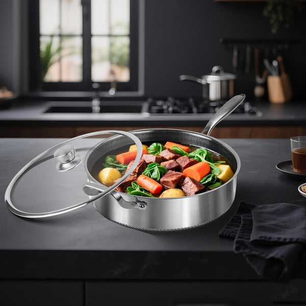 Frying Pans Nonstick Wih Lid, Non Stick Tri-Ply Stainless Steel Saute Pan, 8 Quarts Large Sauté Pan, 13.5 Inch Induction Cooking Pan, Dishwasher and Oven Safe, PFOA Free7