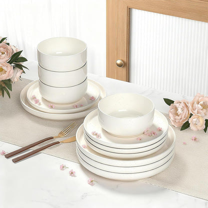Plates and Bowls Sets, Dinnerware Sets for 4, 12 Pieces Scratch Resistant Dishware Dishes Set, Ceramic Kitchen Dinner Set, Porcelain & Microwave and Dishwasher Safe, Cream White3