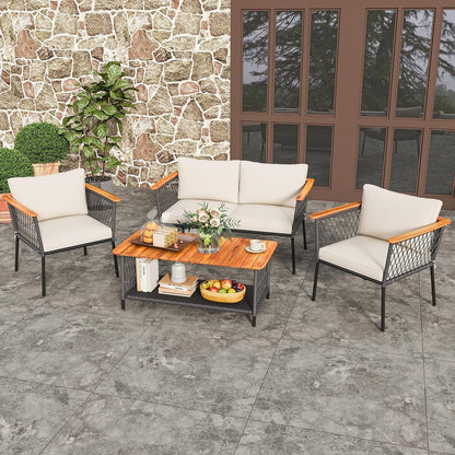 4 Piece Patio Furniture Set, Patiojoy Rattan Chair Set W/ 2-Tier Coffee Table, Acacia Wood Armrests & Tabletop, Soft Seat & Back Cushions, Outdoor Wicker Conversation Set2