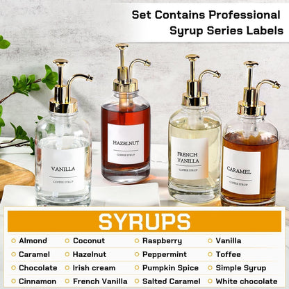 Coffee Bar Accessories,Coffee Syrup Dispenser with Labels for Coffee Bar,Pack of 4,Total 67.6 Oz (Gold Pump)2