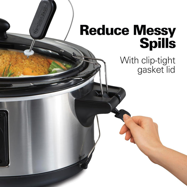 Portable 6 Quart Set & Forget Programmable Slow Cooker | Temperature Probe | Lid Lock for Easy Travel | Dishwasher Safe Crock & Glass Lid | Stainless Steel | 33969AG4