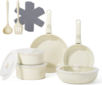 Pots and Pans Non Stick,16Pcs Ceramic Nonstick Cookware Sets, Induction Kitchen Tagines Set with Removable Handle, Cooking Frying Pans & Saucepans(Pfoa Free), Oven/Dishwasher/Fridge Safe, Space Saving1