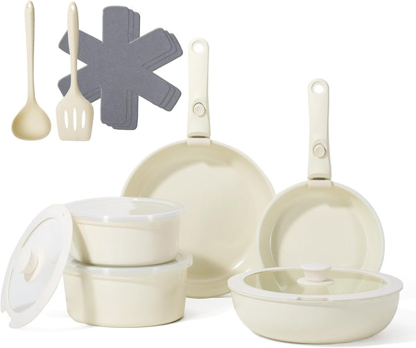 Pots and Pans Non Stick,16Pcs Ceramic Nonstick Cookware Sets, Induction Kitchen Tagines Set with Removable Handle, Cooking Frying Pans & Saucepans(Pfoa Free), Oven/Dishwasher/Fridge Safe, Space Saving1