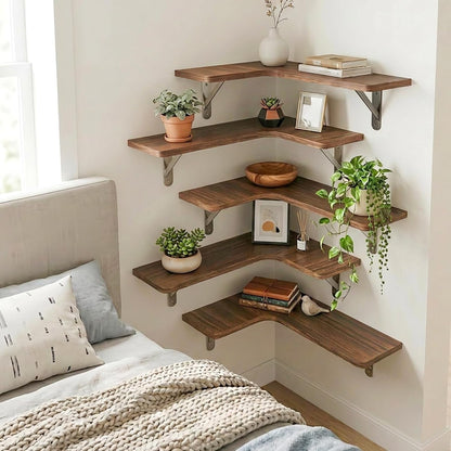 Conner Floating Shelves for Wall Decor, Dark Carbonized Black 5Pcs | Solid Wood Shelf with Metal Brackets, Holds 40 Lbs. Optimizes Corner Storage. Fits Bathroom, Kitchen, Bedroom & Living Room.2