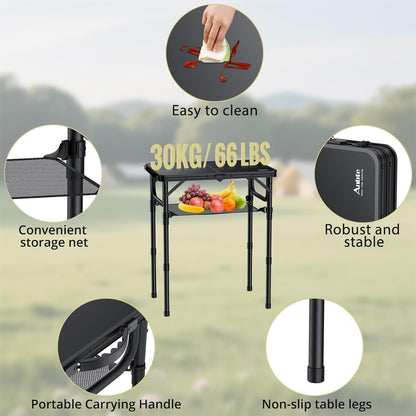 Folding Camping Table, 24"X 16" Adjustable Height Small Folding Table | with Storage Net, Aluminum Compact Folding Table, Lightweight, Portable Table for Outdoor Travel Cooking Picnic, Pure Black4