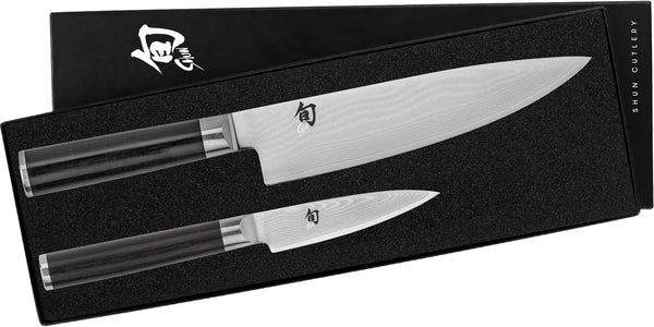 Shun Classic 2 Piece Starter Set | Includes 8" Chef and 3.5" Paring Knives, Handcrafted, VG-MAX Core, Damascus Stainless Steel Cladding, Pakkawood Handle1