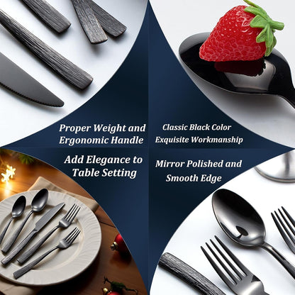 40-Piece Black Silverware Set for 8 | 18/0 Stainless Steel, Heavy Duty, Ripple Handles, Mirror Polished Cutlery Set for Kitchen Gathering Wedding3