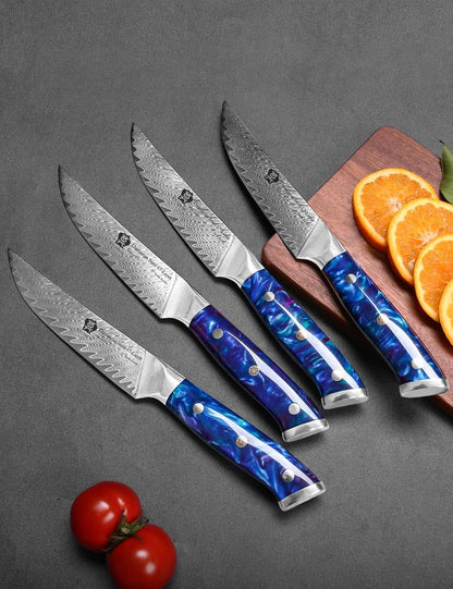 Steak Knives, 5 Inch Non Serrated Steak Knife Set of 4, Japanese Damascus VG10 Steel Steak Knives,Premium Steak Knives Set with Gift Box5