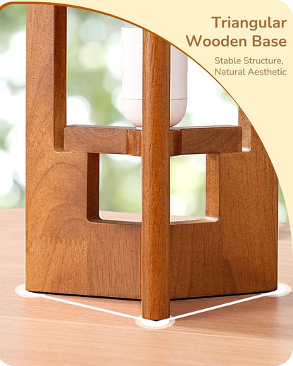 13.5" Small Table Lamp, Walnut Wood Cylinder Nightstand Lamp, E26 | Beige Linen Shade, On-Off Line Switch, Three-Sided Base, Corner Modern Bedside Lamp for Living Room, Bedroom2