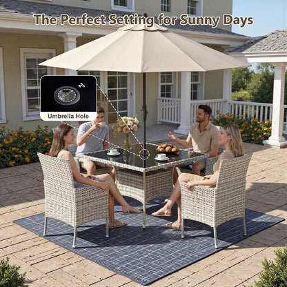 Outdoor Dining Set, 5-Piece Patio Furniture Set with Tempered Glass Table and 4 Cushioned Chairs, Dual-Strand Wicker Rattan, Balcony Furniture for Backyard, Garden, Deck,– Beige7
