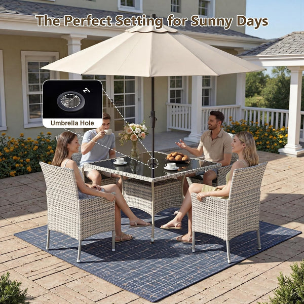 Outdoor Dining Set, 5-Piece Patio Furniture Set with Tempered Glass Table and 4 Cushioned Chairs, Dual-Strand Wicker Rattan, Balcony Furniture for Backyard, Garden, Deck,– Beige7