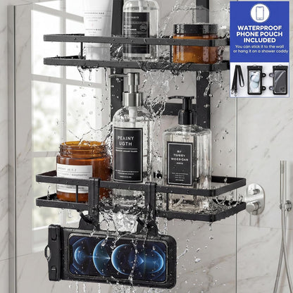 Over the Door Shower Caddy Hanging, Rustproof Shower Shelves with Waterproof Phone Pouch, 2-Tier Adjustable Bathroom Organizers and Storage, No Drilling Shower Shelf, Black Shampoo Soap Holder7