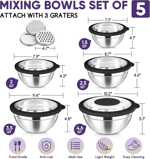 5-Piece Mixing Bowls with Visible Lids, 3 Grater Attachments, Stainless Steel Salad Serving Bowls for Kitchen, 4.6/3.5/2.5/2/1.5 QT Ideal for Prepping & Cooking, Black2