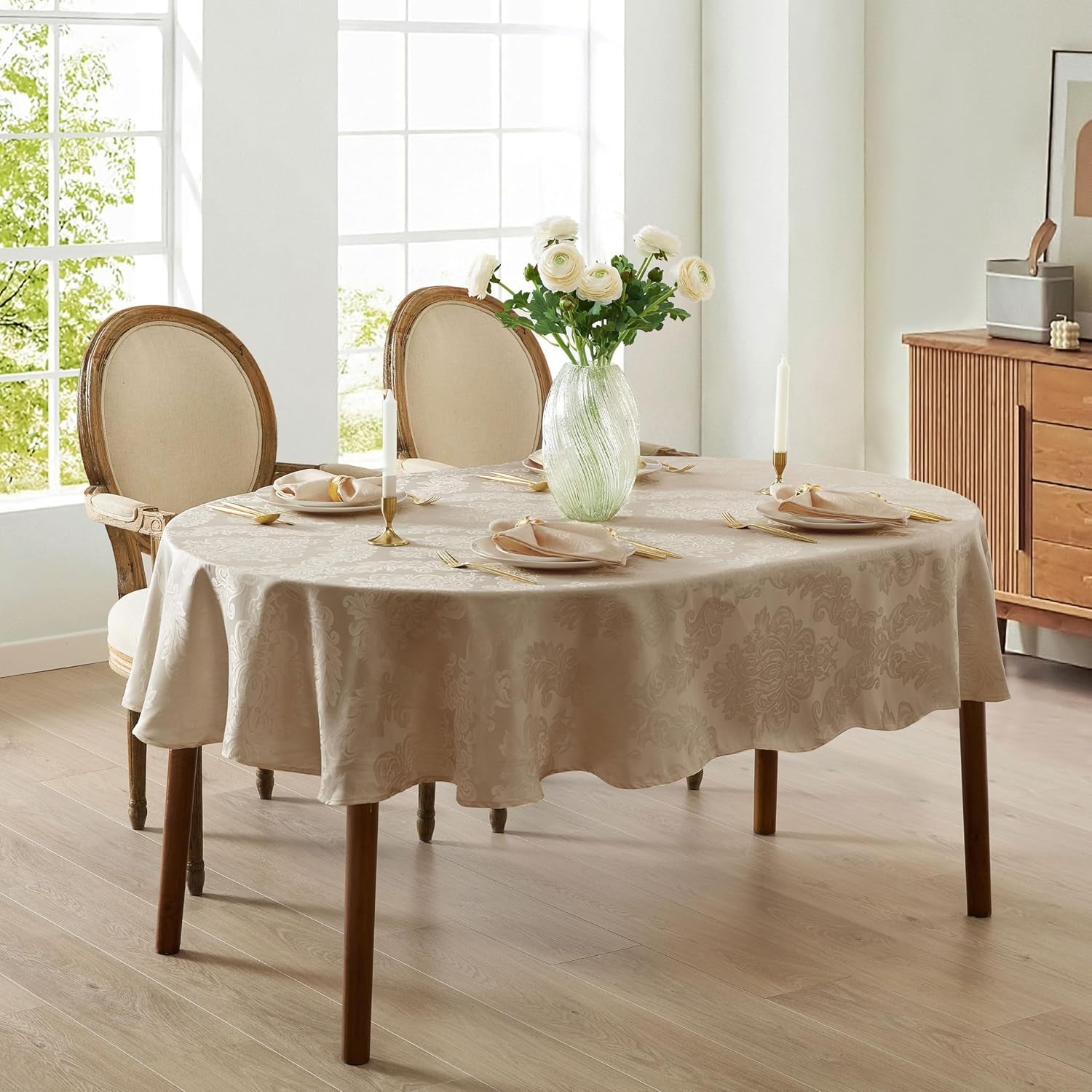 barcelona-luxury-damask-fabric-tablecloth-60-wide-x-102-oval-golden-beige-100-polyester-no-iron-soil-resistant-dining-room-party-and-banquet-table-cover