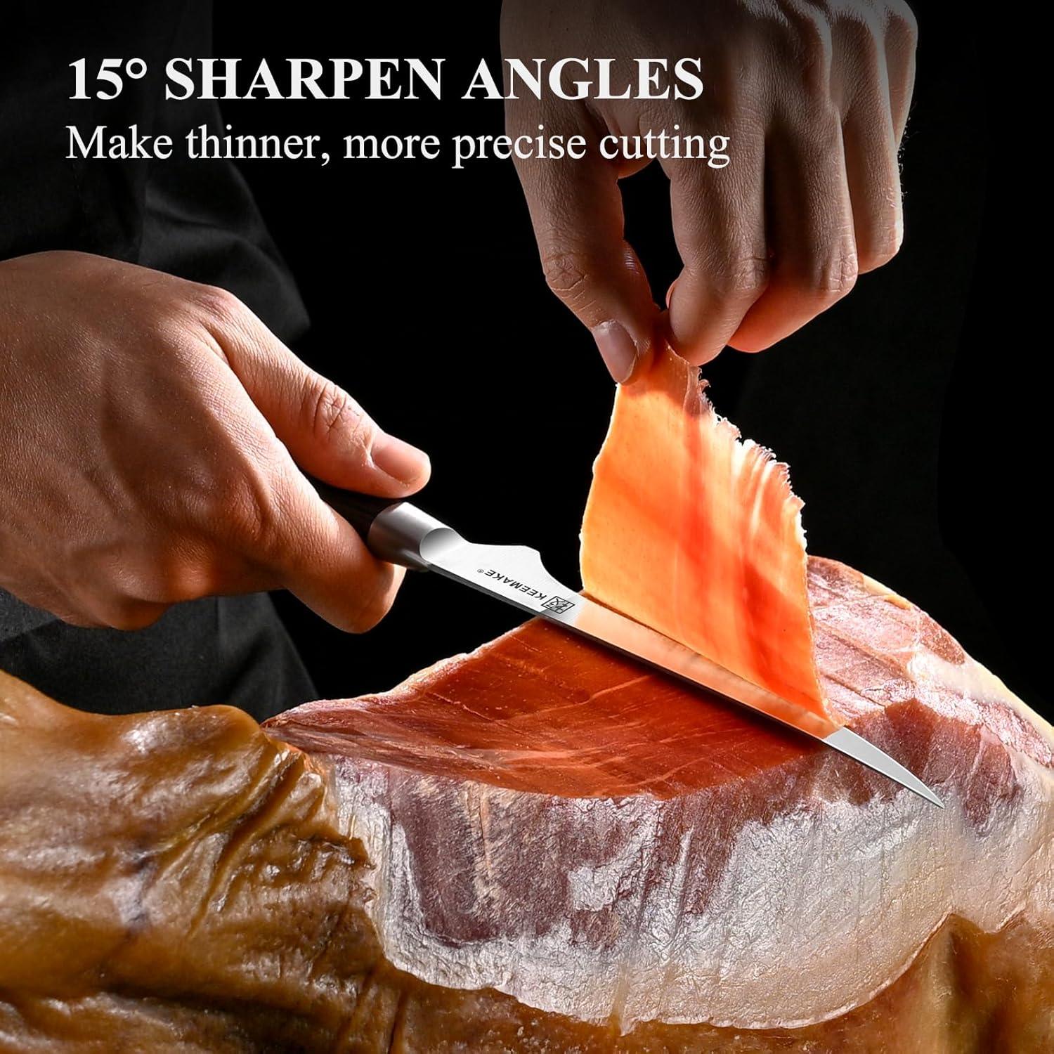 Sharp boning knife slicing thin prosciutto with precise 15° sharpen angles on cured ham