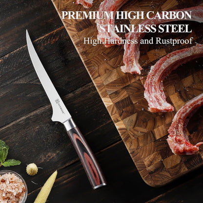 6-inch boning knife with high-carbon stainless steel blade and wood handle on dark wooden table